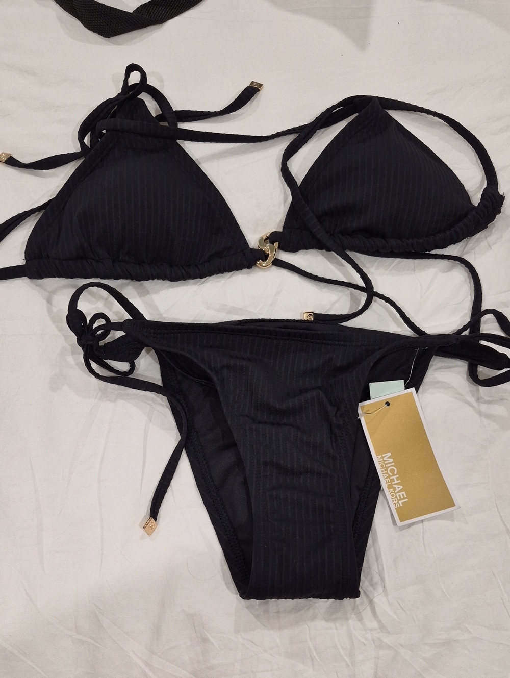 Michael Kors Black Ribbed Tie-Side Bikini